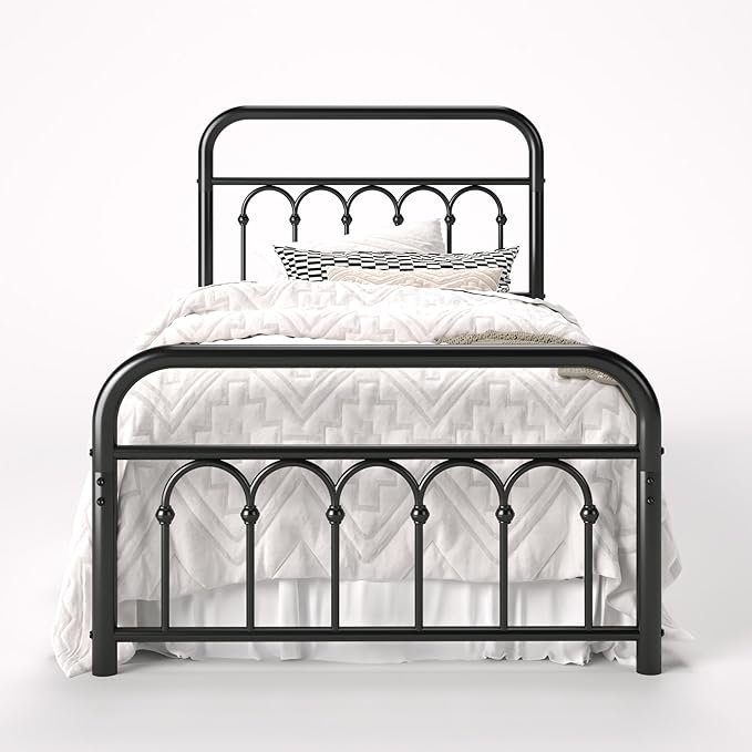 Allewie 14 Inches Twin Size Metal Platform Bed Frame with Victorian Style Curved Iron-Art Headboard/Footboard, Metal Slats Support, Easy Assembly, Under Bed Storage, No Box Spring Required, Black