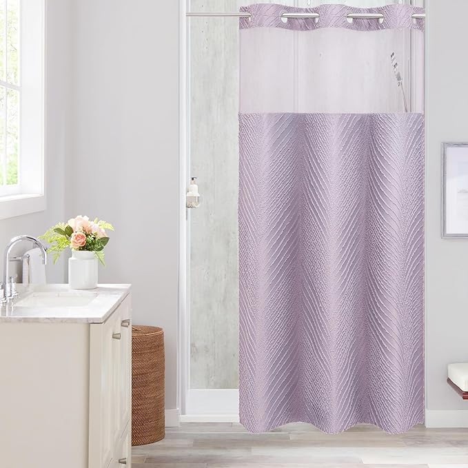 Purple Boho Small Stall Shower Curtain 36 x 74, Lavender No Hook Half Size Narrow Modern Fabric Shower Curtain with Snap in Liner, Hotel Style with See Through Top Window