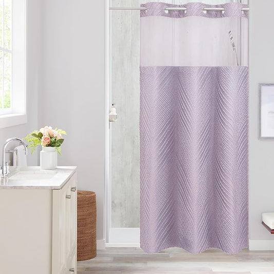 Purple Boho Small Stall Shower Curtain 36 x 74, Lavender No Hook Half Size Narrow Modern Fabric Shower Curtain with Snap in Liner, Hotel Style with See Through Top Window