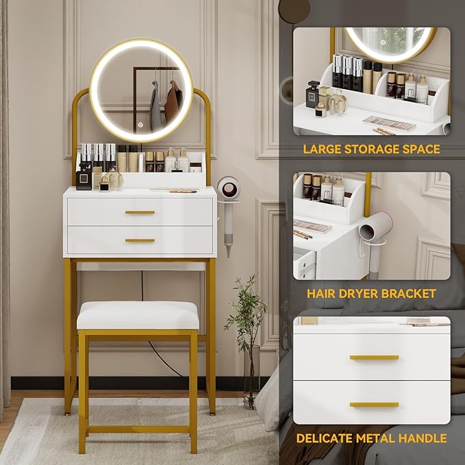 ARTETHYS Small Vanity Desk with Mirror and Lights White Compact Makeup Vanity with Chair Modern Space-Saving Dressing Table with Drawer for Small Bedroom, Apartment