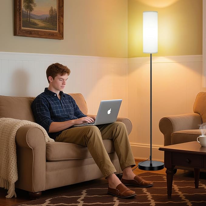 FRIDEKO HOME Floor Lamp with White Shade, Simple Design with Foot Pedal Switch, Small Tall Lamps for Living Room Bedroom Office, Corner Floor Stand Light with Black Pole Lamp (No Bulb/No Remote)