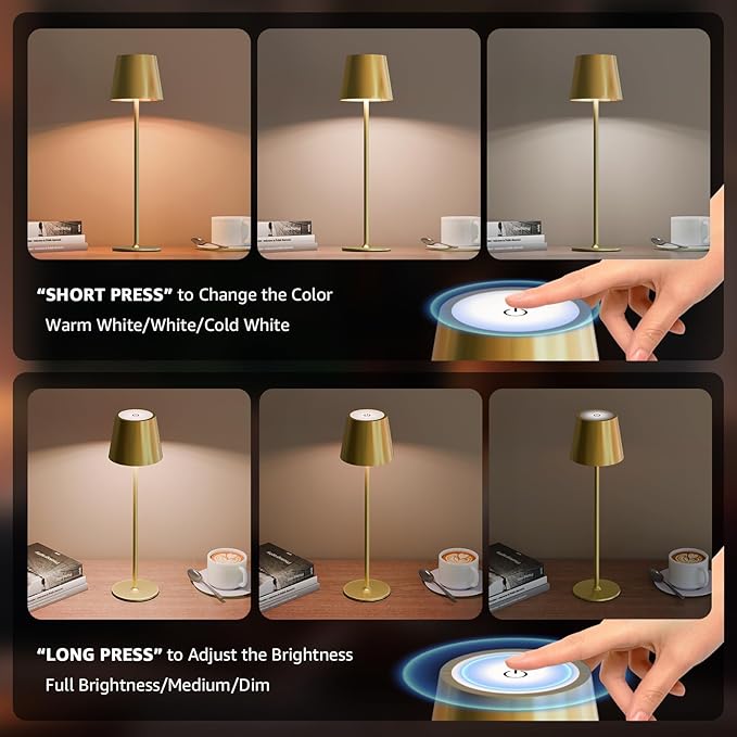 uuffoo 2 Pack Rechargeable Table Lamp Battery Operated Cordless Table Lamps with 3 Colors Stepless Dimming, Desk Night Light for Restaurant, Patio, Bedroom, Bar (Electroplated Gold)