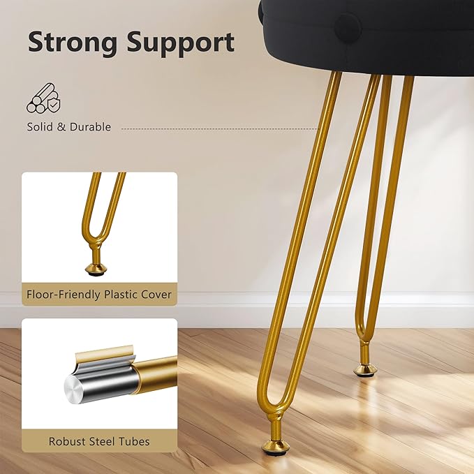 VECELO Round Vevlet Vanity Stool with Storage, 4 Metal Legs Vanity Seat with Anti-Slip Feet, Modern Vanity Chairs Footrest Furry Padded Seat, Space Saving, Easy to Clean for Makeup, Bedroom, Black