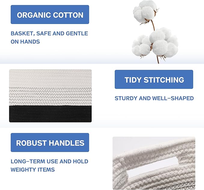 4 Pack Woven Storage Baskets for Organizing - Cotton Rope Baskets for Closet, Toys, Books, Towels, Durable Storage Bins for Shelves, Living Room, Bedroom, 14.76''Lx9.84''Wx8.86''H (Black, 13")