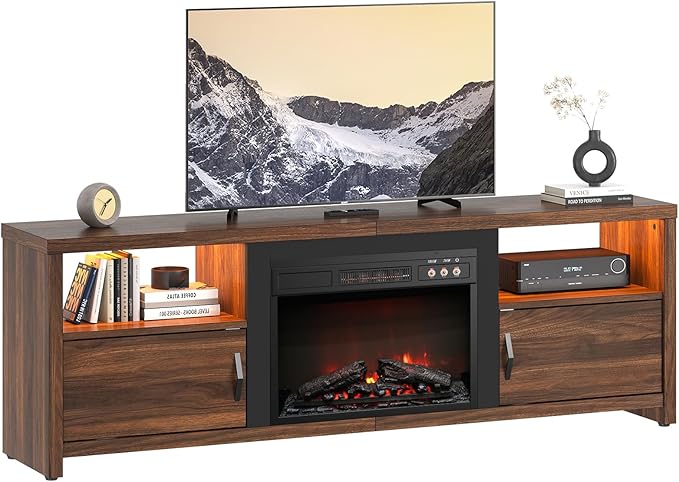 Bestier 70" Electric Fireplace TV Stand for TVs Up to 80", Modern Fireplace Entertainment Center with Storage Cabinets, LED Lights, Open Shelves and Cable Holes for Living Room, Walnut