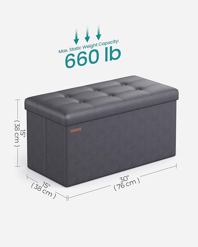 SONGMICS Mazie Collection - 30 Inches Folding Storage Ottoman Bench, Ottoman with Storage, Foot Rest Stool, Load 660 lb, for Living Room, Synthetic Leather, Dark Gray ULSF040G01