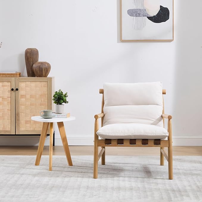 Modern Accent Chair Upholstered Armchair - Solid Wood Lounge Chair with Removable Cushion, Low Back Reading Chair for Living Room/Bedroom/Balcony, Chenille Sofa Chair (Easy Assembly)Off White