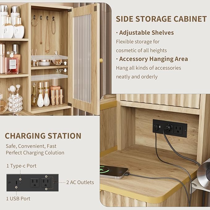 QUW Fluted Makeup Vanity Desk with Mirror and Lights, Modern Glass Top Vanity Table with Charging Station, Vanity Mirror 3 Lighting Modes Adjustable Brightness, Dressing Table for Bedroom, Natural Oak