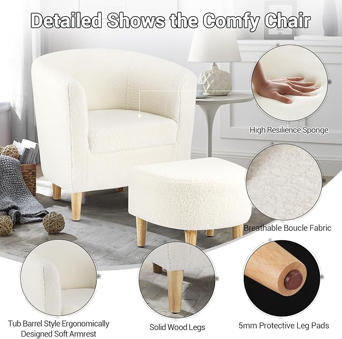 DAZONE Sherpa Accent Chair with Ottoman, White Fluffy Teddy Barrel Armchair for Cozy Living Room, Small Comfy Chairs for Bedroom, Reading Corner