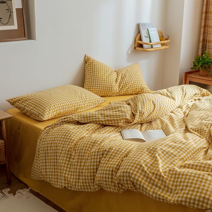 mixinni Yellow Gingham Comforter Set Full, Plaid Comforter Set 3 Pieces 1 Yellow Grid Comfoter with 2 Pillow Cases for All Seasons, Soft Fluffy Modern Grid Pattern Printed Bedding-Full Size