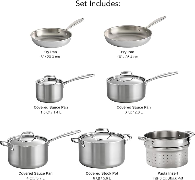 Tramontina Signature Tri-Ply Clad Stainless Steel 11-Piece Cookware Set with Lids, Pots and Pans Kitchen Set, Induction-Ready, Dishwasher-Safe, NSF-Certified