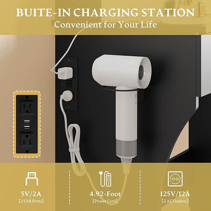 Vanity Desk with Mirror and Lights, Small Makeup Vanity Table Set with Storage Drawers & Power Outlets & Chair, 3 Lighting Modes & RGB Ambient Light, Dressing Table for Women Girls Bedroom, Black