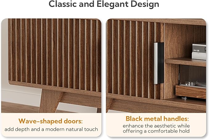 Claiks Mid-Century Modern TV Stand for 65 inch TV, Wood Fluted TV Stand with Storage and Adjustable Shelves, Low Profile TV Console for Living Room, Walnut