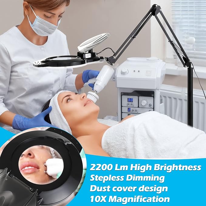 KIRKAS 10X Magnifying Floor Lamp with 4 Wheel Rolling Base for Estheticians 2,200 Lumens LED Magnifier Lighted Glass Len, Adjustable Stand & Swivel Arm Floor Mag Lamp for Reading, Beauty, Lash,Tattoo