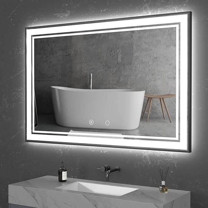 55" x 36" LED Bathroom Mirror with Lights Framed LED Mirror for Bathroom Backlit and Front Lighted Bathroom Mirror Black Square Aluminum Frame Anti-Fog Dimmable Adjustable Shatter-Proof
