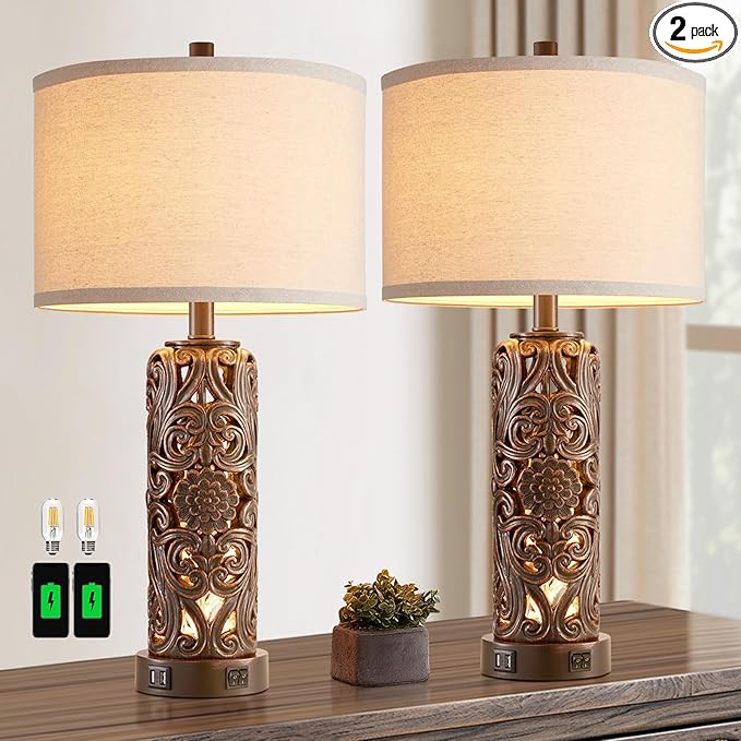 Farmhouse Table Lamps Set of 2, Vintage Lamp for Living Room and 2 USB Ports Bedside Lamp with Nightlight for Bedroom, Dark Brown Hollow Out Resin Nightstand Lamp, 2 Bulbs Included