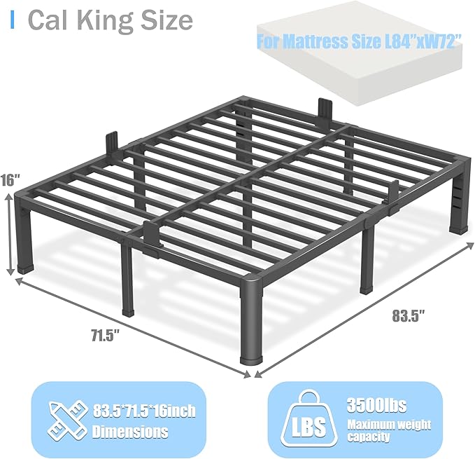 16 inch California King Bed Frame with Round Corner Legs and Headboard Hole Mattress Slide Stopper 3500 lbs Heavy Duty Metal Platform,Steel Slat Support,No Box Spring Needed,Easy Assembly,Noise Free