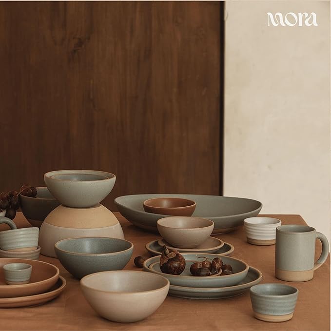 MORA Medium Dishes Set of 4, 30oz Ceramic Pottery Pasta Plate/Wide Bowls - Microwave, Oven and Dishwasher Safe - Thyme