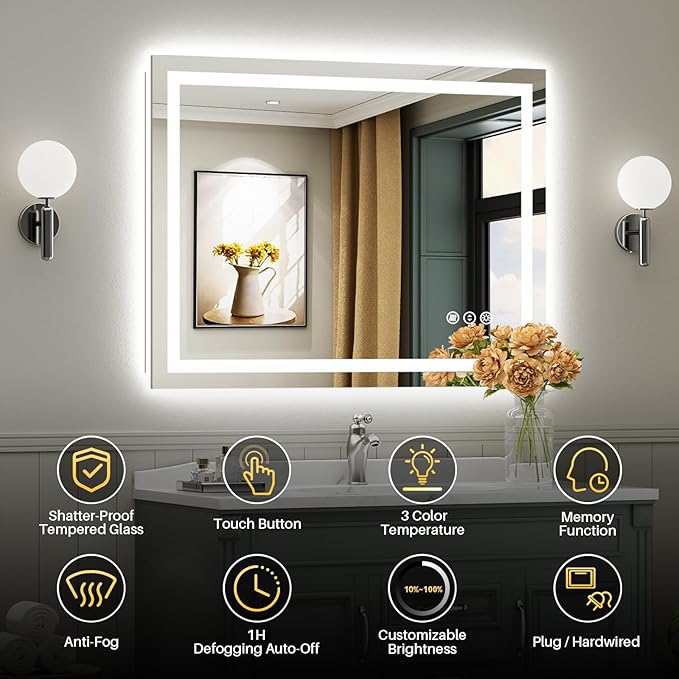 40x32 LED Lighted Bathroom Mirror, Backlit & Front Lit, Bathroom Vanity Mirror with Lights, Touch Screen Dimmable, Anti-Fog, Memory Function, HD Tempered Glass, Shatter-Proof, ETL Listed