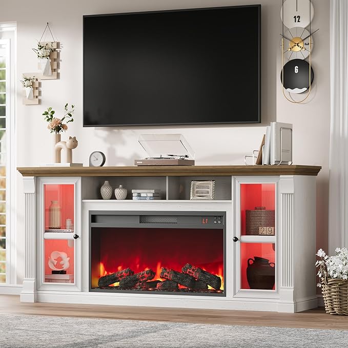 Farmhouse Fireplace TV Stand Up to 80" TVs, 70" Modern Highboy Entertainment Center with 36" Electric Fireplace & LED Lights, Media Console with Adjustable Shelves for Living Room, Antique White