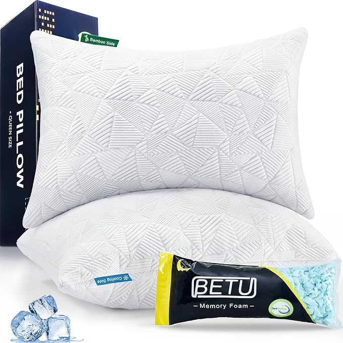 BETU Cooling King Size Pillows Set of 2, Shredded Memory Foam Cool Pillows for Hot Sleepers, Adjustable Firm Soft Support Bed Pillows Perfect for Back Neck Pain and Side Sleeping with Cover, White
