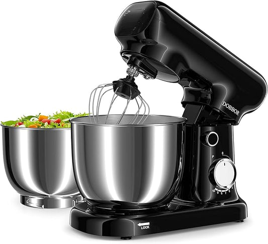 Stand Mixer with 3QT+3.5QT Dual Bowls, 10-Speed Electric 300W Food Mixer - Includes Egg Whisk, Dough Hook & Flat Beater for Home Baking & Daily Cooking (Black)