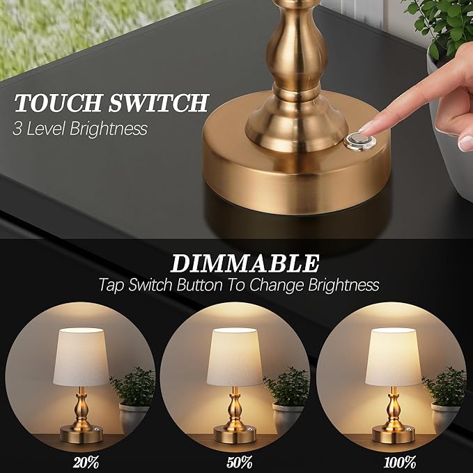 PARTPHONER Mini Cordless LED Table Lamp, 5200mAh Rechargeable Battery Operated Lamp, 3-Level Brightness, Touch Dimmable Desk Lamp, Bedside Night Light for Patio Camping Restaurant Home, Antique Brass