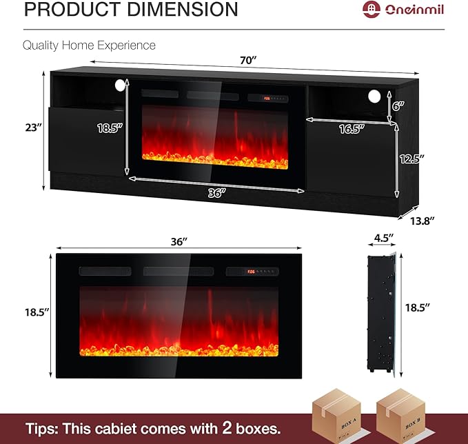 oneinmil 70” TV Stand with 36” Electric Fireplace, Large Modern Media Entertainment Center with Storage Cabinet and 12 Colors LED Lights for TVs Up to 80", Black TV Stand and Black Fireplace