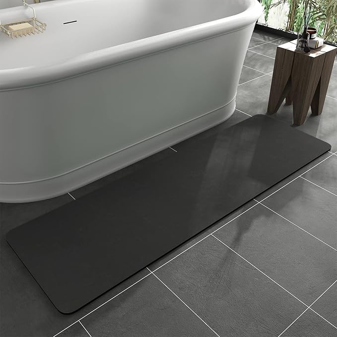 MontVoo -Bath Mat Rug-Rubber Backing Non Slip Quick Dry Absorbent Thin Bathroom Rugs Fit Under Door-Faux Suede Surface Bathroom Floor Mats-Shower Rug for in Front of Bathtub Shower Dark Grey 17"x59"