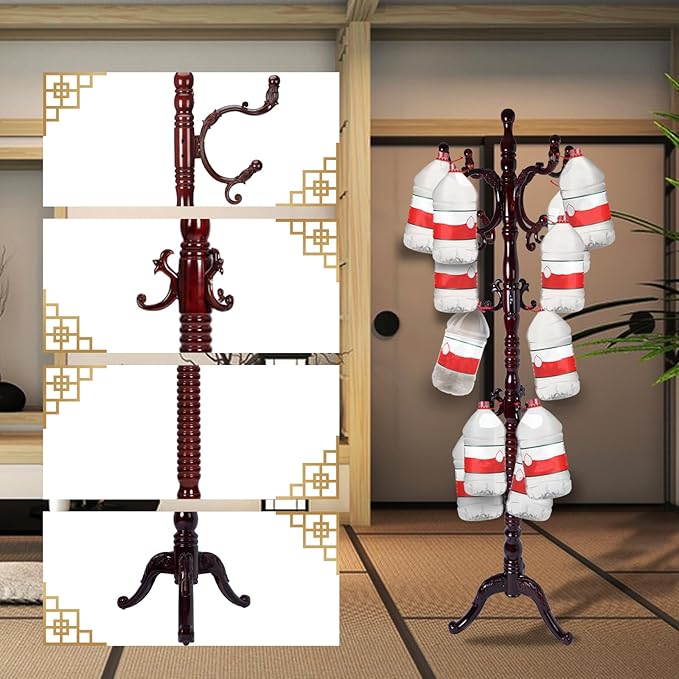 Coat Rack Freestanding, Wooden Tree Coat Rack Stand with 3 Adjustable Sizes Coat Tree and 14 Hooks, Sturdy Hall Tree with Solid Round Base for Entryway, Hallway,Bedroom (Reddish brown-Tri-Legged Base)