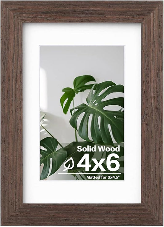 Egofine 4x6 Picture Frame Made of Solid Wood with Plexiglass, Display Pictures 3.5x5 with Mat or 4x6 Without Mat for Tabletop and Wall Mounting, Rustic Brown
