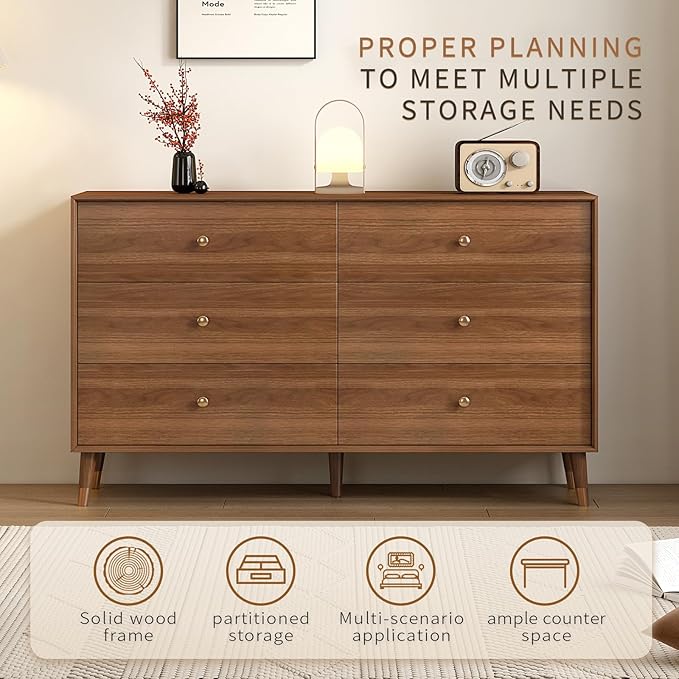 Dresser for Bedroom, Mid Century Modern 6-Drawer Solid Wood Chest, 47 Inch Walnut Finish, Heavy-Duty Drawer Glides, Storage Cabinet for Living Room, TV Stand (Brown, 47.2)