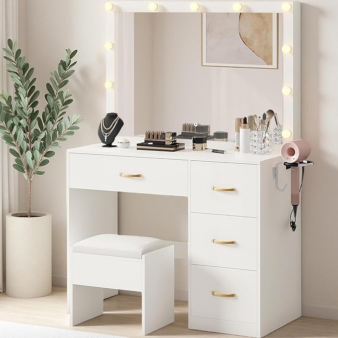 DWVO Makeup Vanity Desk with LED Mirror & 3 Brightness Levels