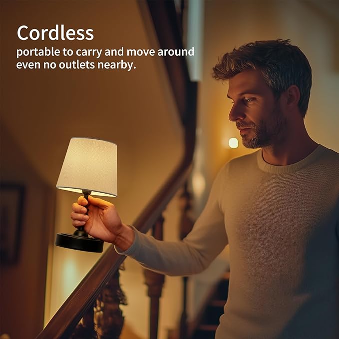 ONEWISH Small Cordless Lamp Dimmable-Battery Operated Table lamp, 4000mAh Rechargeable, Touch Bedside Lamp with White Fabric Shade, 2700K Bulb Included, for Dining, Patio, Bathroom(Black)