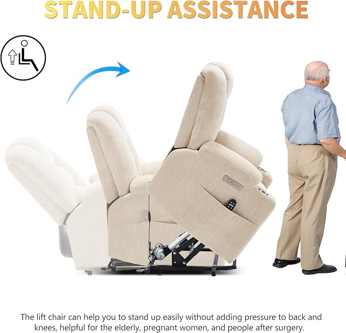 Power Lift Chair with Massage & Heat, Electric Recliner Chairs for Adults, Remote Control, Living Room Sofa, Standing Assistance, USB Ports, Stainless Steel Cup Holders, Chenill, Beige