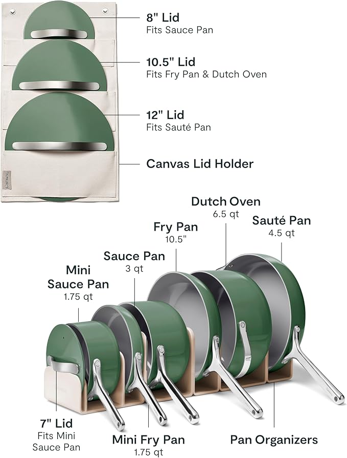 Caraway Deluxe Nonstick Ceramic Cookware Set (16 Piece) Pots, Frying Pans, Lids and Kitchen Storage - PFAS & PFOA Free - Oven Safe Ceramic Pan Set & Compatible with All Stovetops - Sage