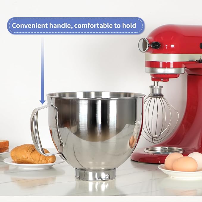 MOLIGOU 5 qt Food-Grade Stainless Steel Mixer Bowl Compatible with Kitchenaid 4.5-5 qt Tilt-Head Stand Mixers, Stand Mixer Replacement Bowl with Handle