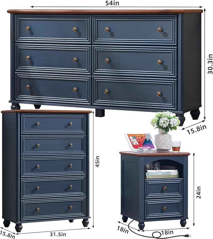 Farmhouse Dressers & Night Stand Set of 3, Wood 54" Wide Dresser & 45"Tall Chest of Drawers, 18" with Charging Station Nightstand, Bedroom Furniture 6 Drawer Dresser Set for Home Living Room Hallway