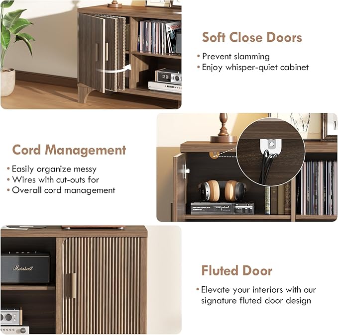 Tall Mid Century Modern TV Stands for 55/60/65 Inch TV Boho Media Console for Living Room Fluted TV Entertainment Center with Storage Wood Television Cabinet for Bedroom