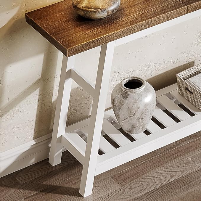 ChooChoo 70.9 Inch Long Console Tables for Entryway, Wood 2-Tier Entry Hallway Table, Narrow Sofa Table Behind Couch Table for Living Room, Entrance, White & Brown
