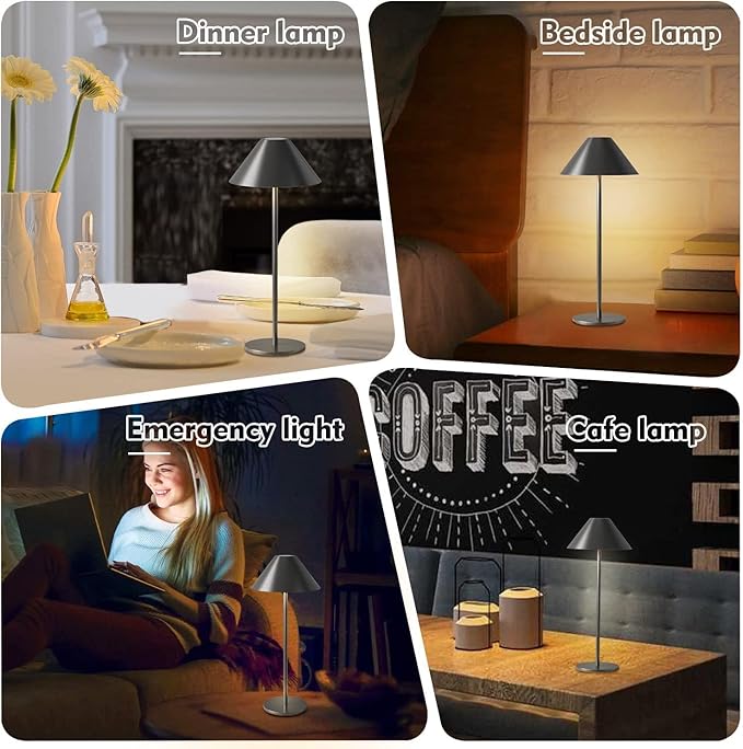 Modern LED Rechargeable Cordless Table Lamp, IP54 Waterproof, Dimmable Battery Operated Lamp, 4000mAh Certified Battery, 3000K Portable Bedside Lamp, Pack of 2 (Black)