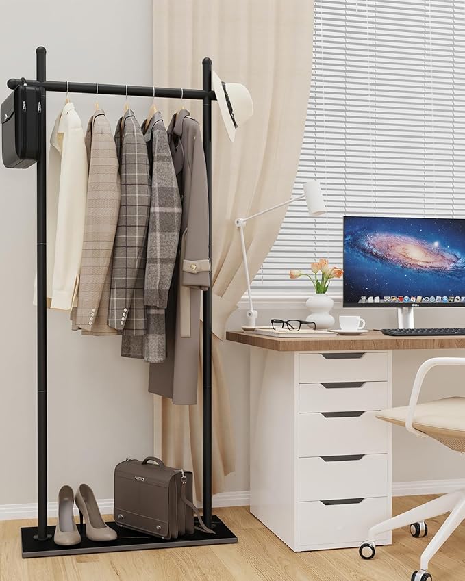Coat Rack Freestanding with Natural Rock Base, Metal Coat Hanger Stand, Industrial Garment Rack, Clothes Tree for Bedroom Living Room Office To Hang Clothes, Hats, 68.9in, Black, Large