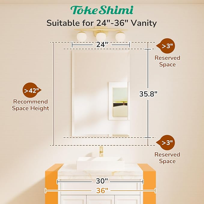 TokeShimi 24x36 Beveled Wall Mirror Decorative, Bathroom Vanity Mirrored with 1" Beveled Edge, Shatterproof Modern Frameless Mirror Bathroom Rectangle for Living Room, Entryway, Restroom