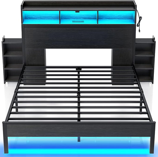 Rolanstar Bed Frame Queen Size with Bookcase Storage Headboard, Slide Out Bedside Storage, Bed with Charging Station & LED Lights, Heavy Duty Metal Slats, No Box Spring Needed, Noise Free, Black
