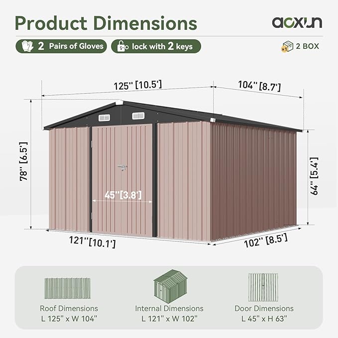Aoxun 10x8.5 FT Outdoor Storage Shed Garden Metal Shed with Lockable Door Outdoor Large Shed for Tool, Garbage Can, Bike, Mower, Brown