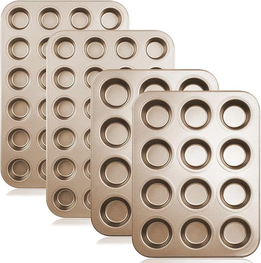 Nsmykhg Nonstick Muffin Pan,4 Packs Nonstick Muffin Pan, Mini Cupcake Pans Set, 12 Cup and 24 Cup Gold Carbon Steel Bakeware Muffin Tin Champagne Mini Muffin Tray Oven Safe Cupcake Mold