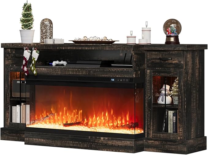 4 EVER WINNER 3-Sided Glass Fireplace TV Stand for TVs up to 80'' with 12 Color, 70" Media Entertainment Center Console Table with Doors Closed Storage,Electric tv Stands for Living Room, Rustic Oak