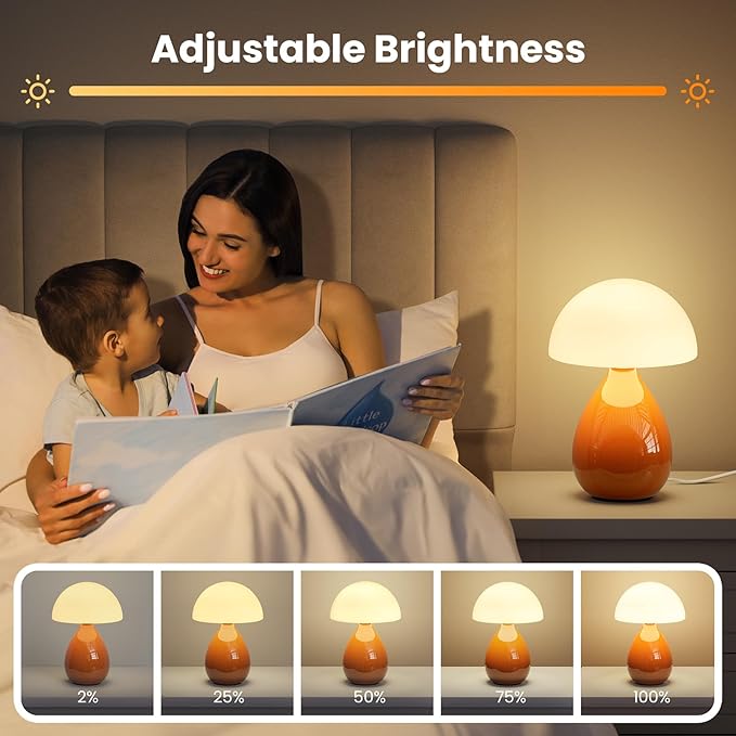 Mushroom Lamp, Mini Modern Lamp Small Vintage Table Bedside Nightstand Light, Small Light Dimmable for Bedroom, Living Room, Ceramic Base Glass Home Decor for Woman Children Gifts