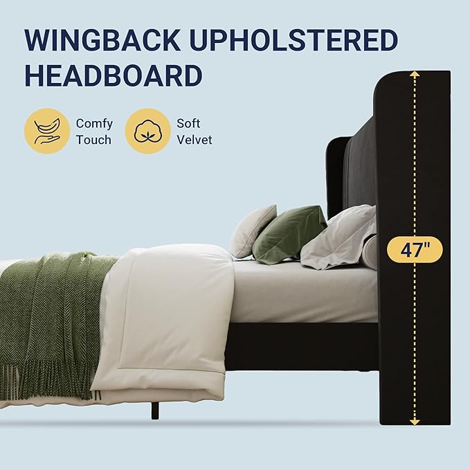 Allewie King Size Velvet Platform Bed Frame with Vertical Tufted Wingback Headboard, Easy Assembly, Under Bed Storage, No Box Spring Required, Modern Style, Black