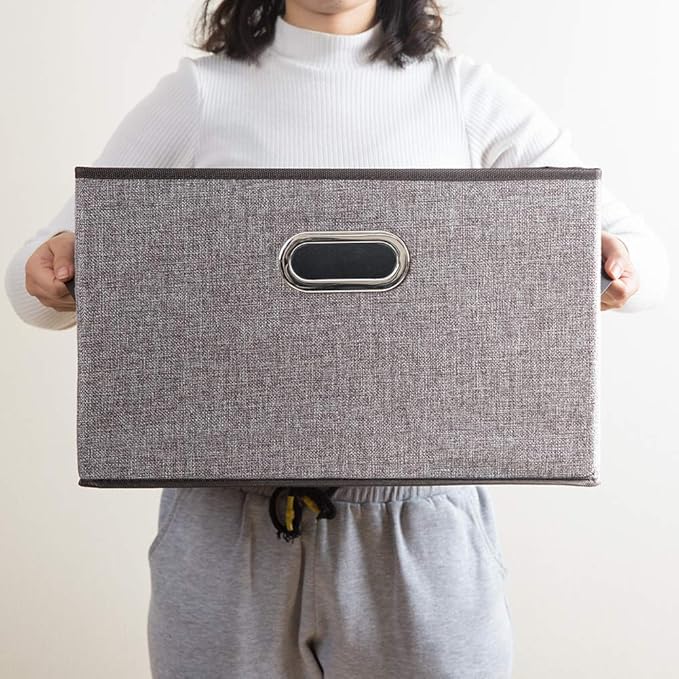 PRANDOM Larger Collapsible Storage Bins for Closet [5-Pack] Decorative Linen Fabric Storage Baskets Cubes with Leather/Metal Handles for Living Room Grey (17.3x12.2x10.4 Inch)